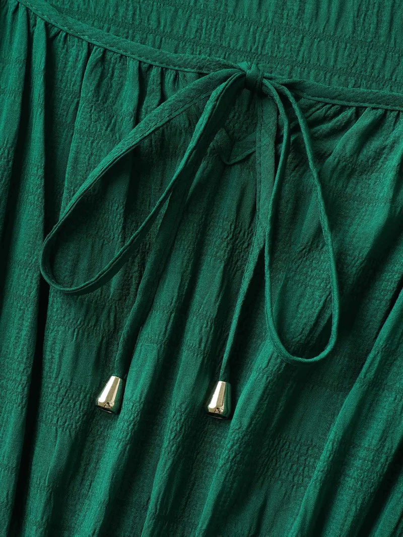Neck Tie Textured Layered Hem Midi Dress