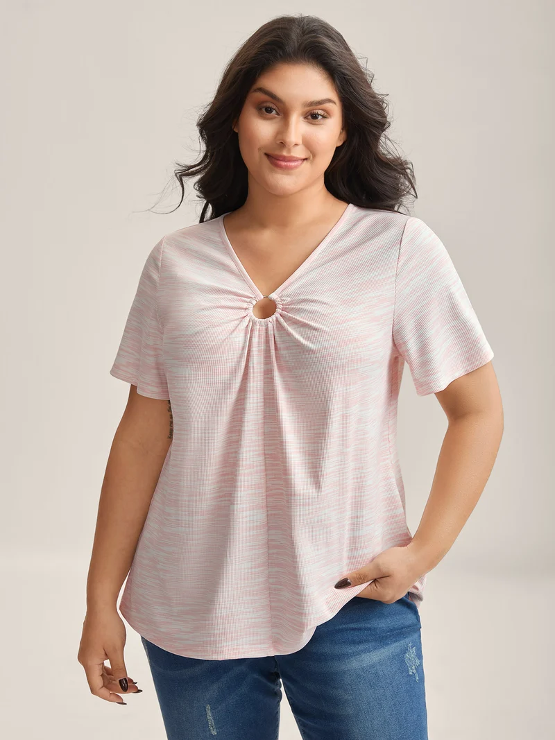 Heather Neck Keyhole Solid T-Shirt