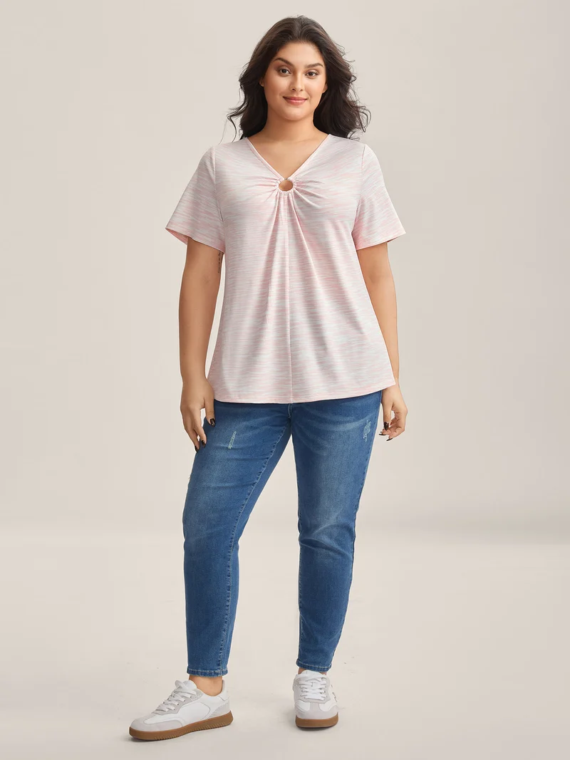 Heather Neck Keyhole Solid T-Shirt