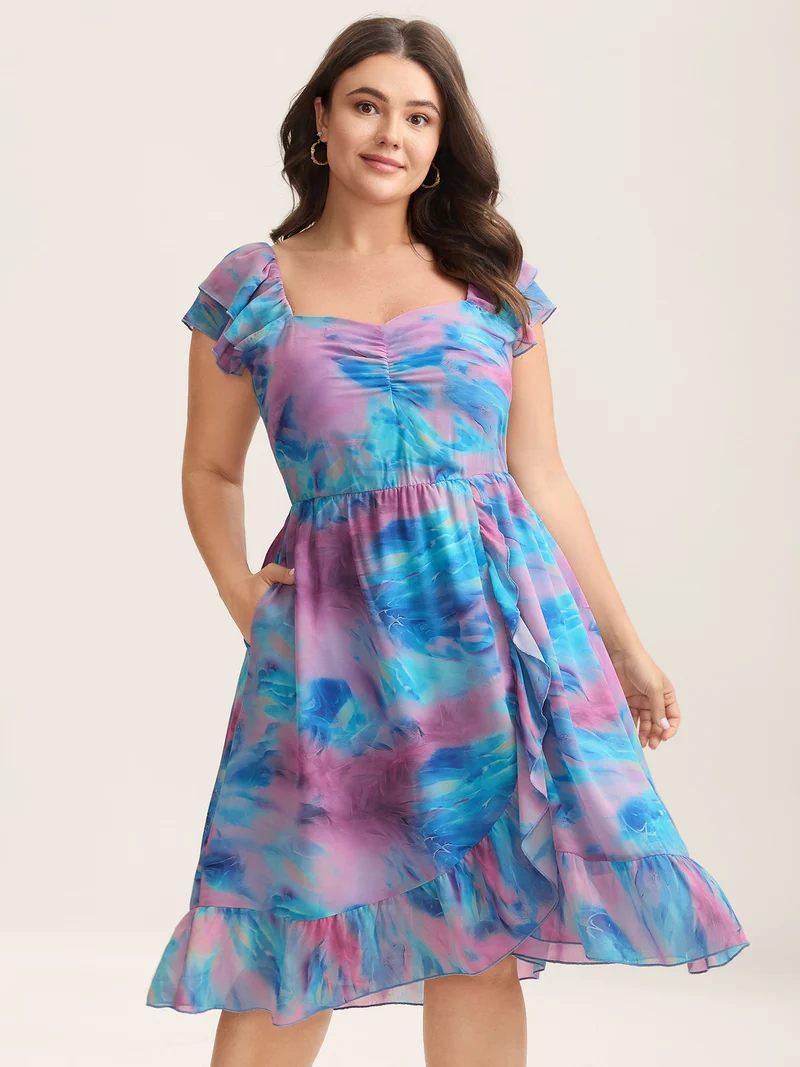 Color Blend Stretchy Waist Pockets Midi Dress