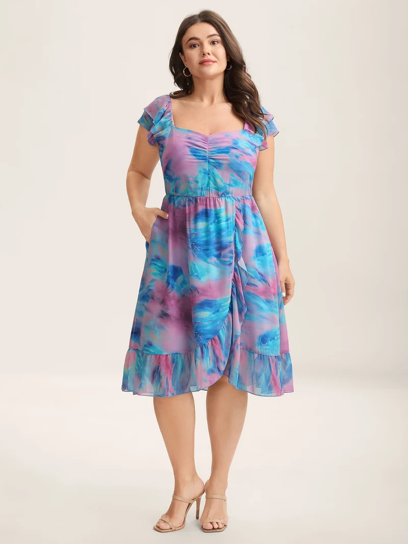Color Blend Stretchy Waist Pockets Midi Dress