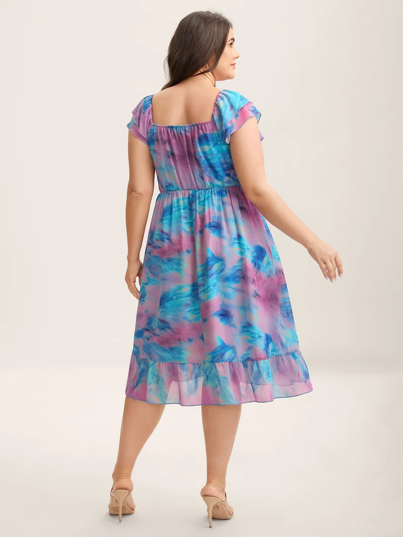 Color Blend Stretchy Waist Pockets Midi Dress