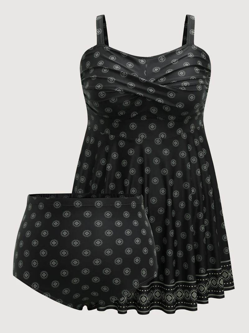 Boho Print Twist Front Swim Dress