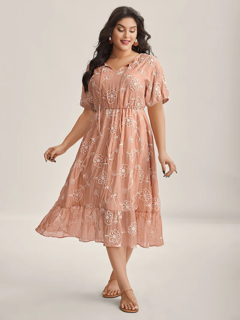Rayon Textured Embroidered Stretchy Midi Dress