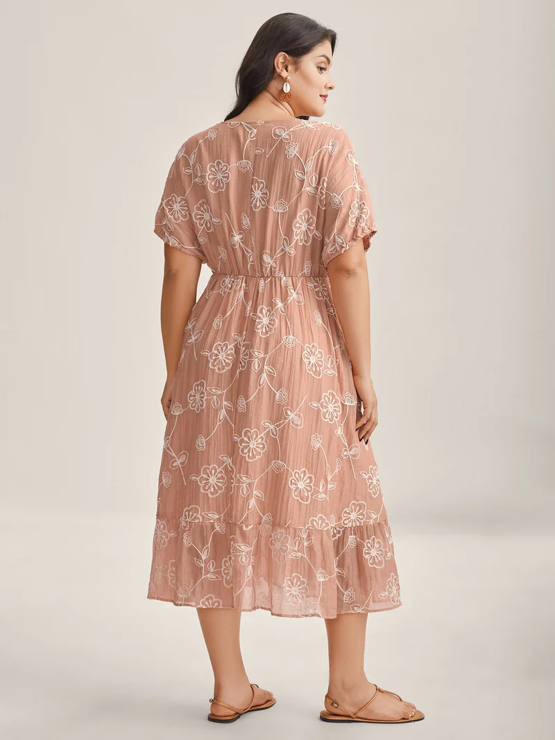 Rayon Textured Embroidered Stretchy Midi Dress