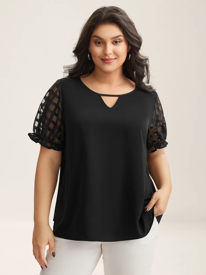 Sheer Grid Neck Keyhole Blouse