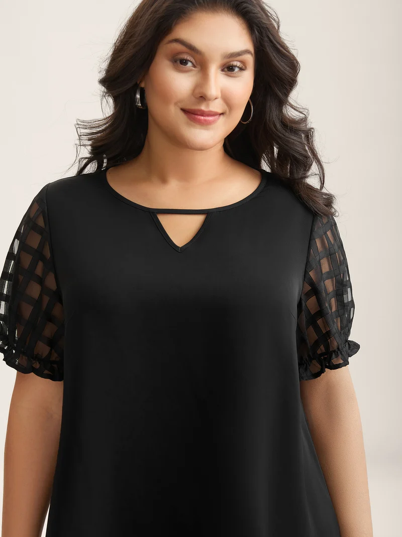 Sheer Grid Neck Keyhole Blouse