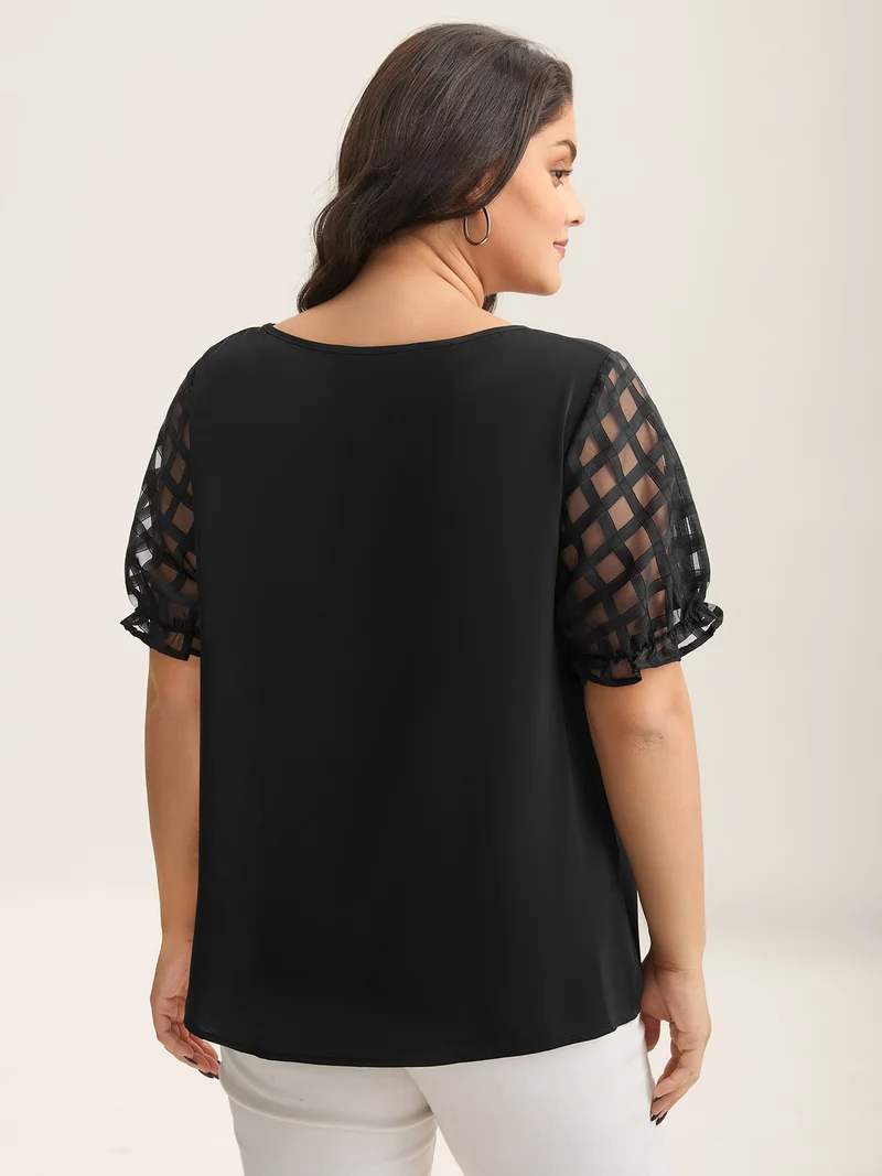Sheer Grid Neck Keyhole Blouse
