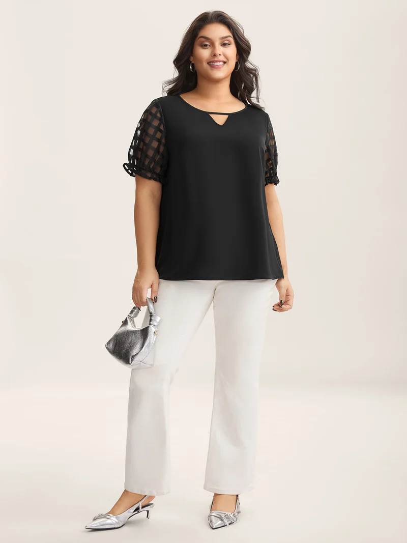 Sheer Grid Neck Keyhole Blouse
