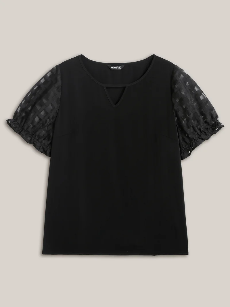 Sheer Grid Neck Keyhole Blouse