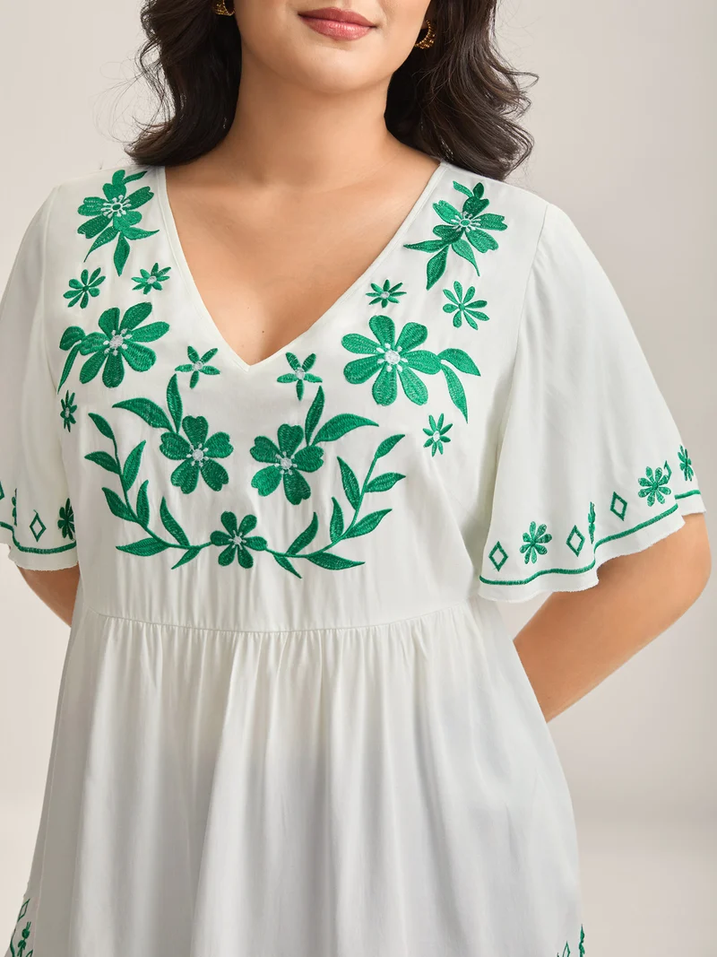 Floral Embroidery Flared Flowy Blouse
