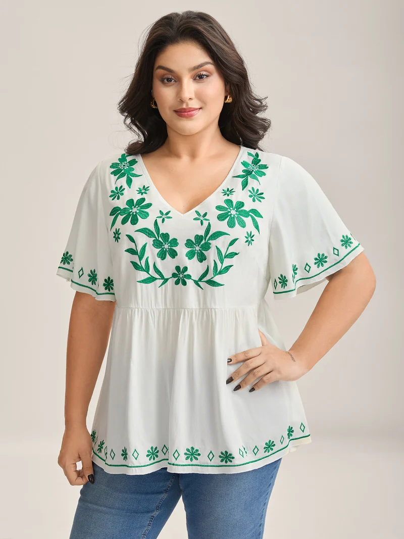 Floral Embroidery Flared Flowy Blouse