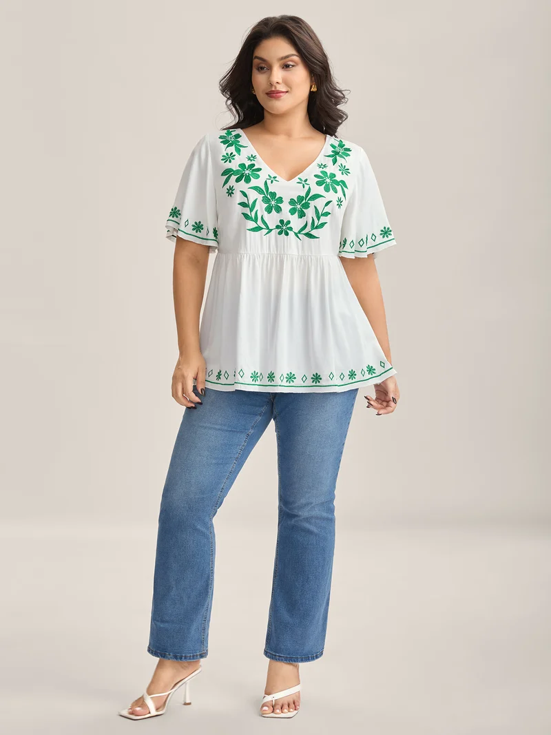 Floral Embroidery Flared Flowy Blouse