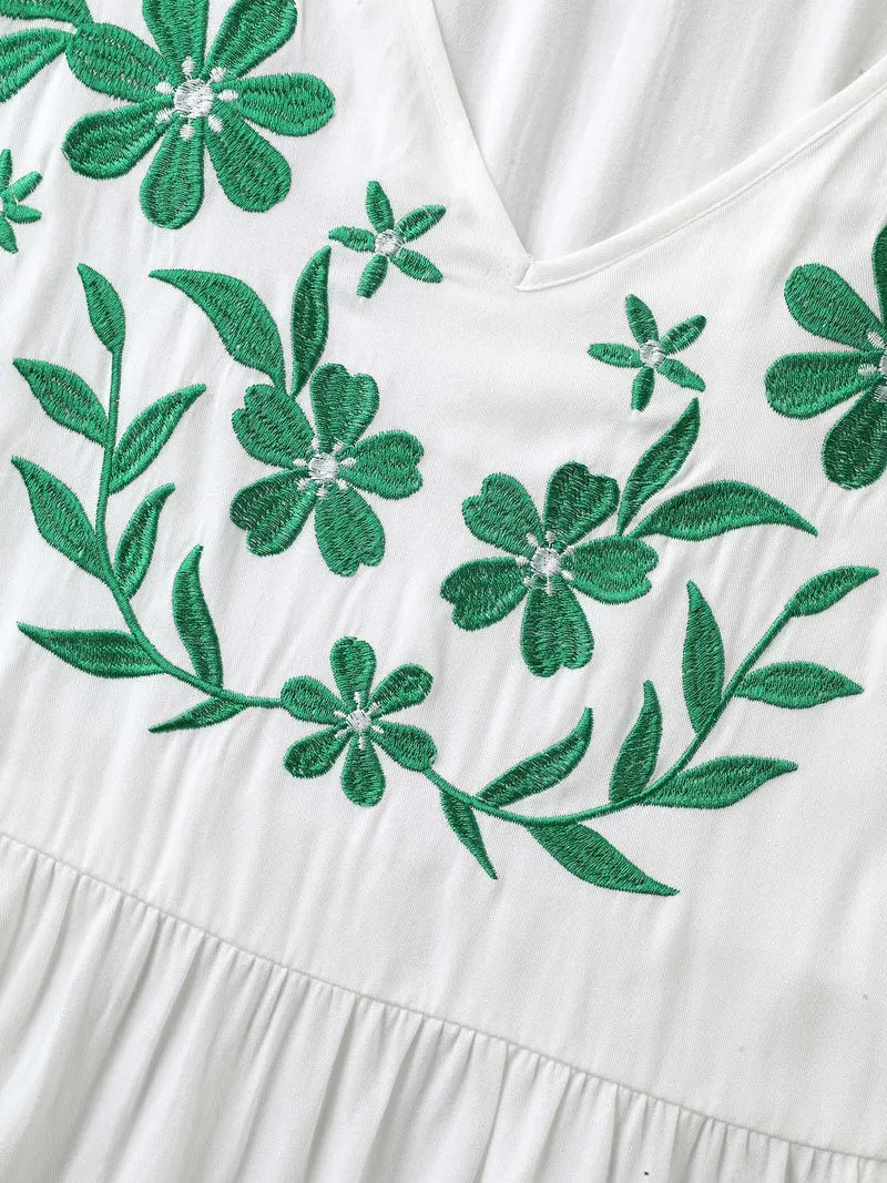 Floral Embroidery Flared Flowy Blouse