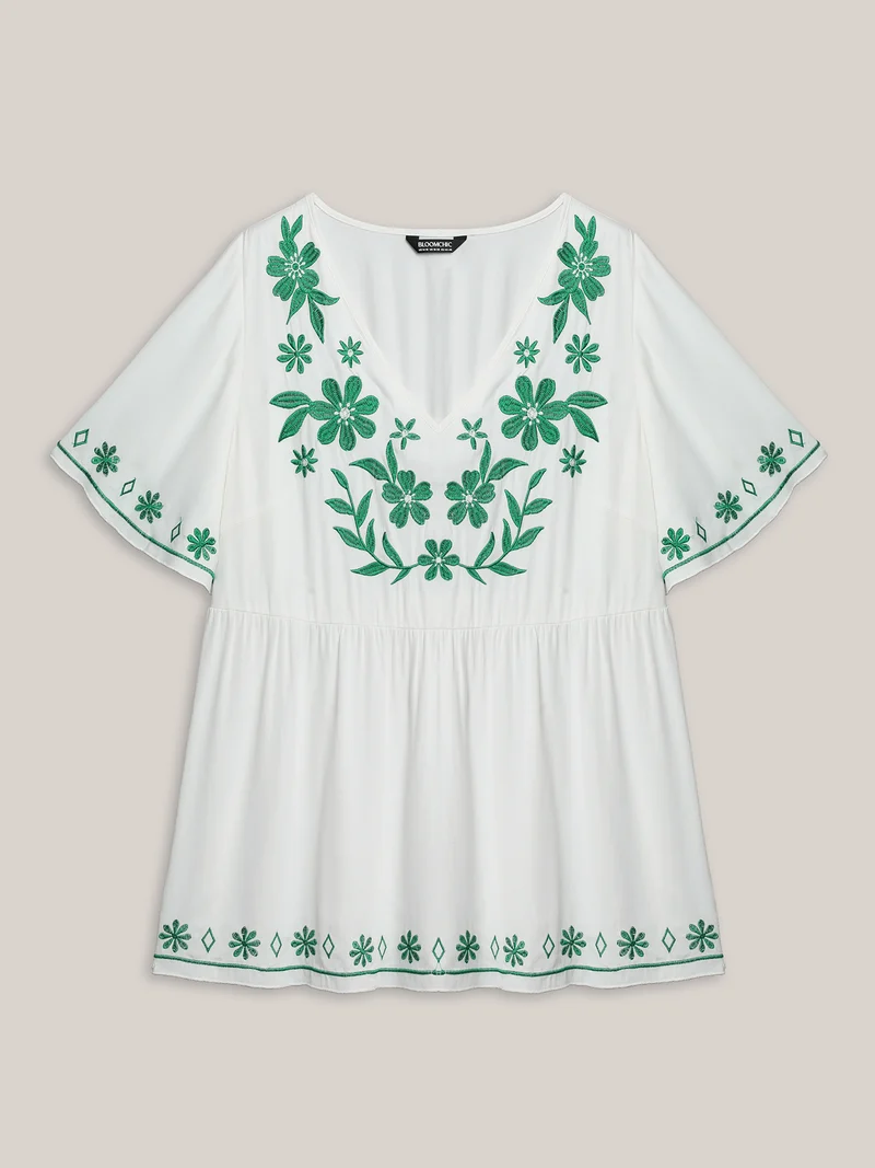 Floral Embroidery Flared Flowy Blouse