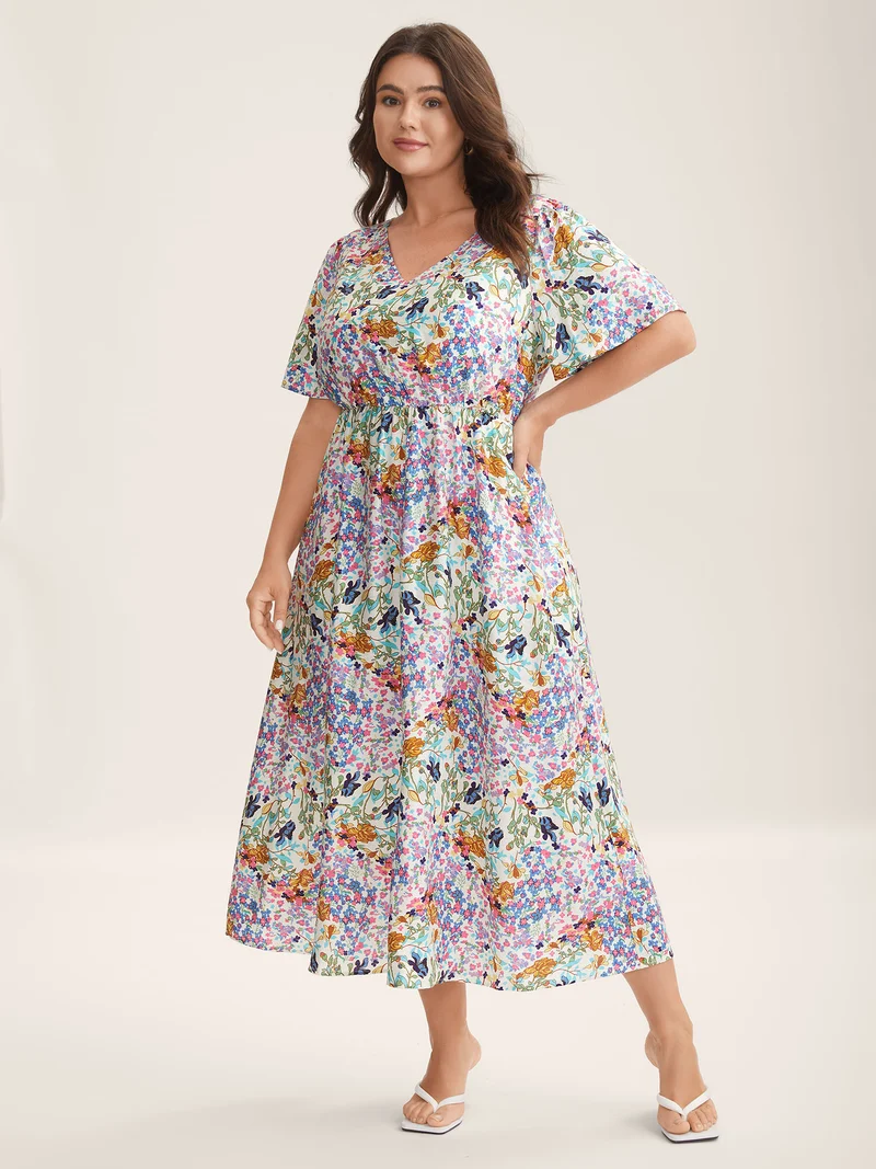 Floral Print Cinched-Waist Pockets Midi Dress