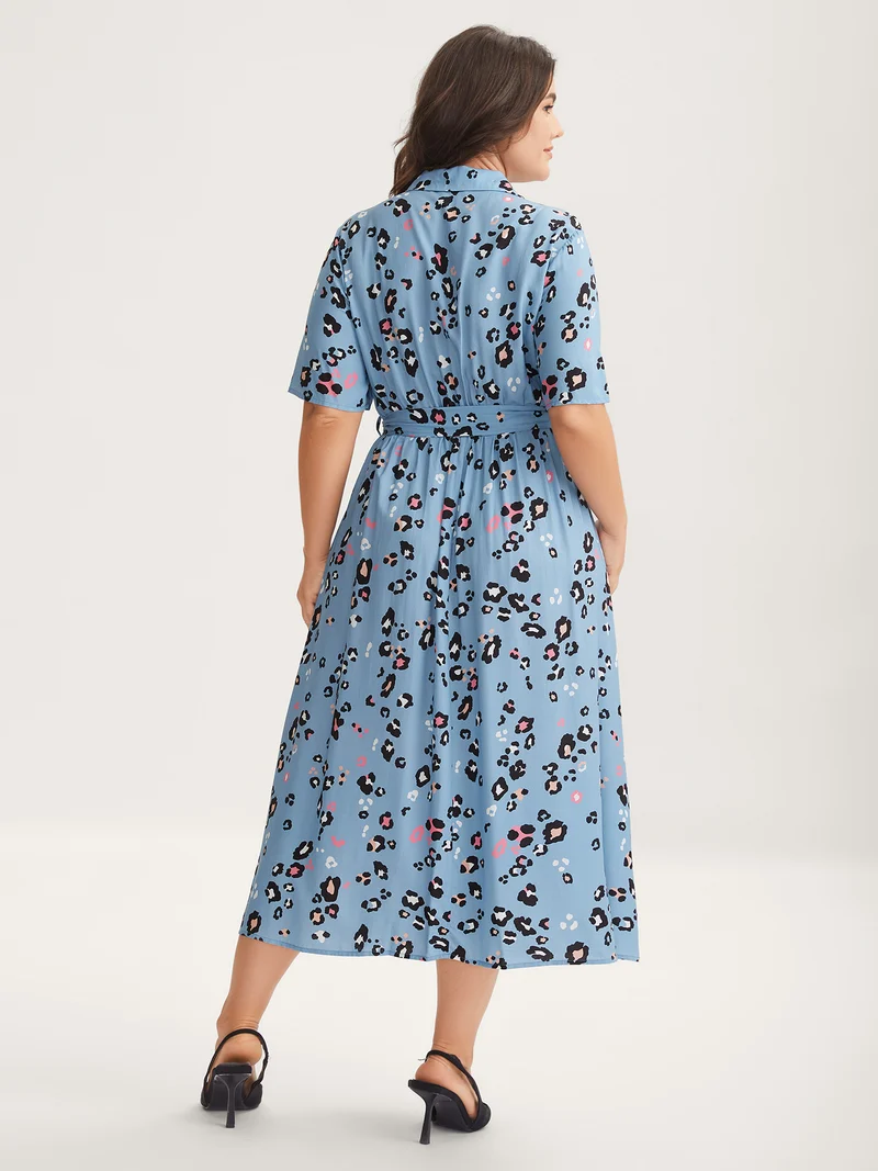 Floral Print Collar Belted Midi Dress