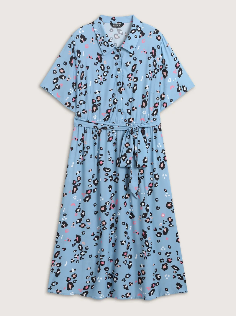 Floral Print Collar Belted Midi Dress