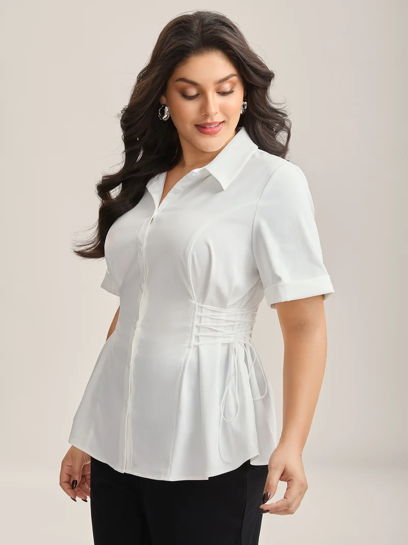 Adjustable Waist Button Placket Solid Blouse
