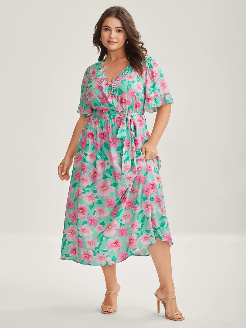 Rayon Floral Print Pockets Midi Dress
