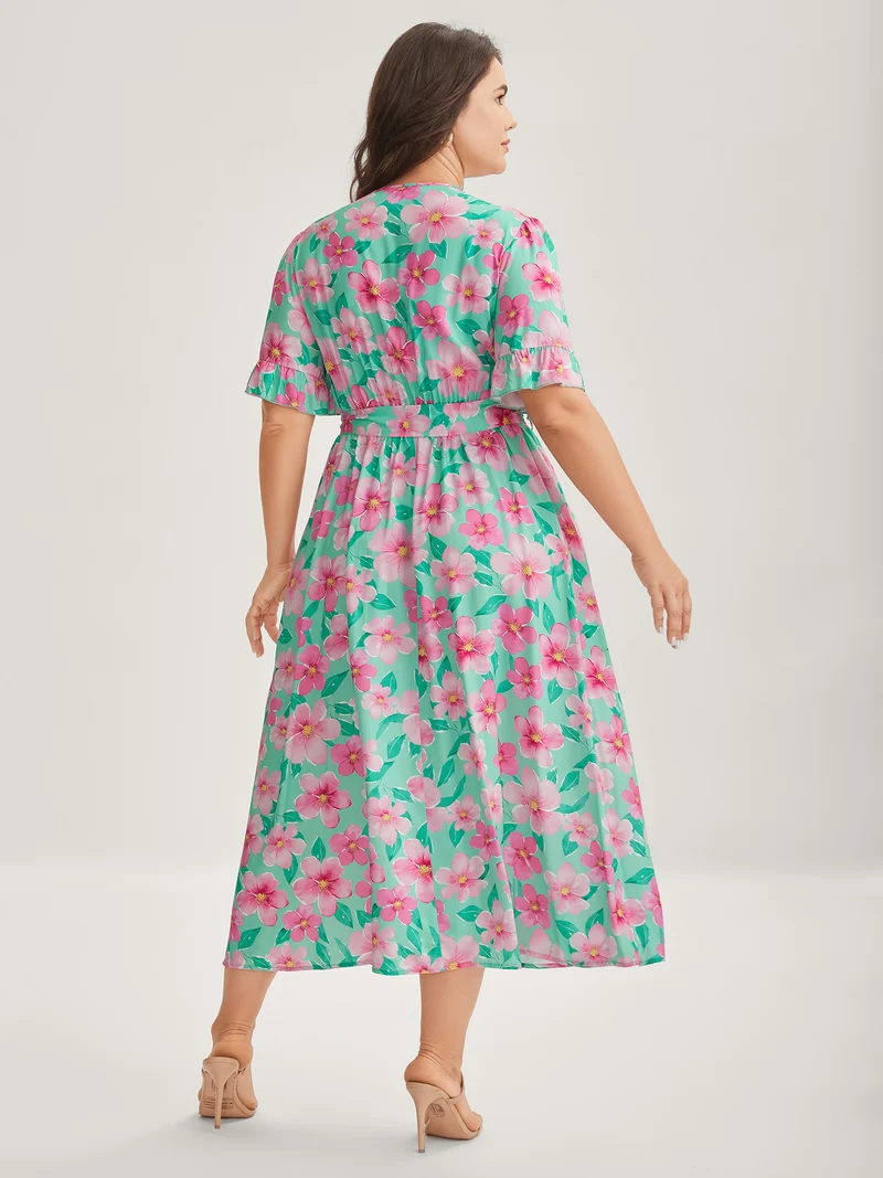 Rayon Floral Print Pockets Midi Dress