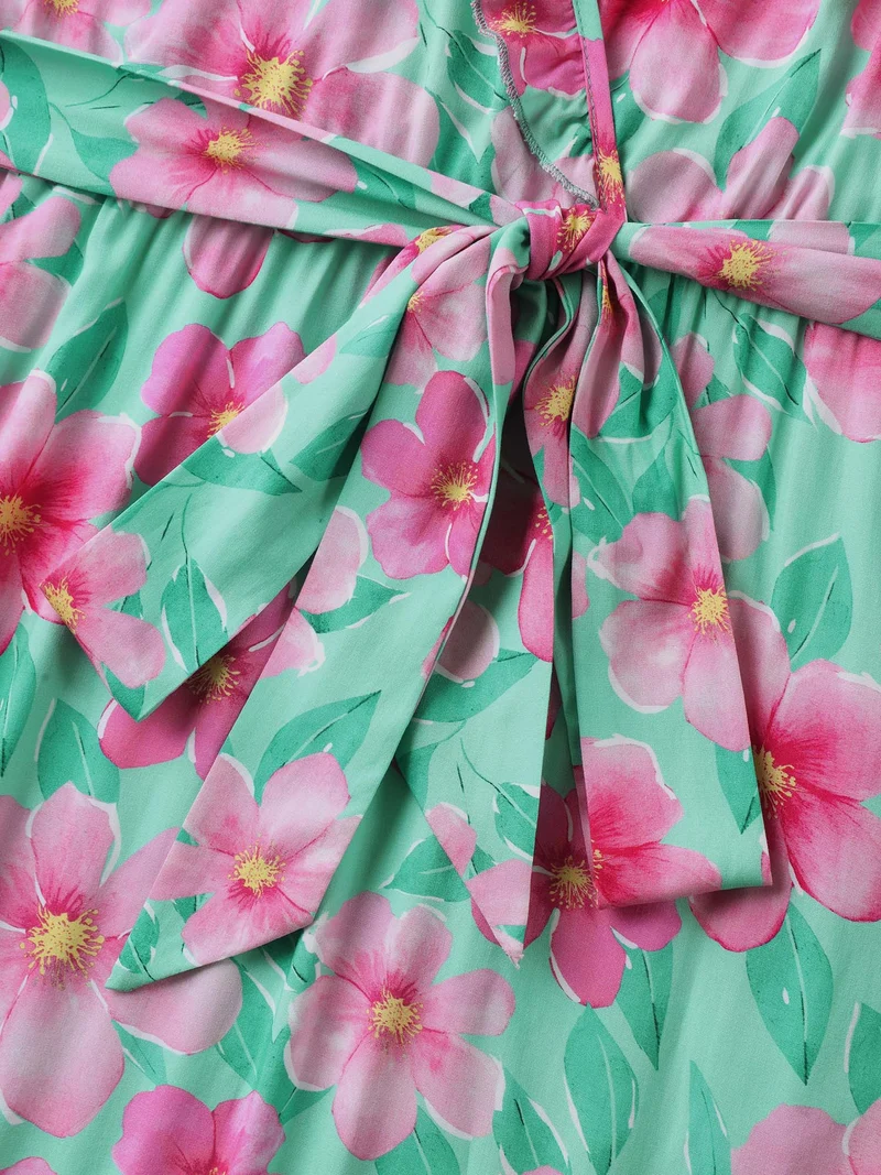Rayon Floral Print Pockets Midi Dress