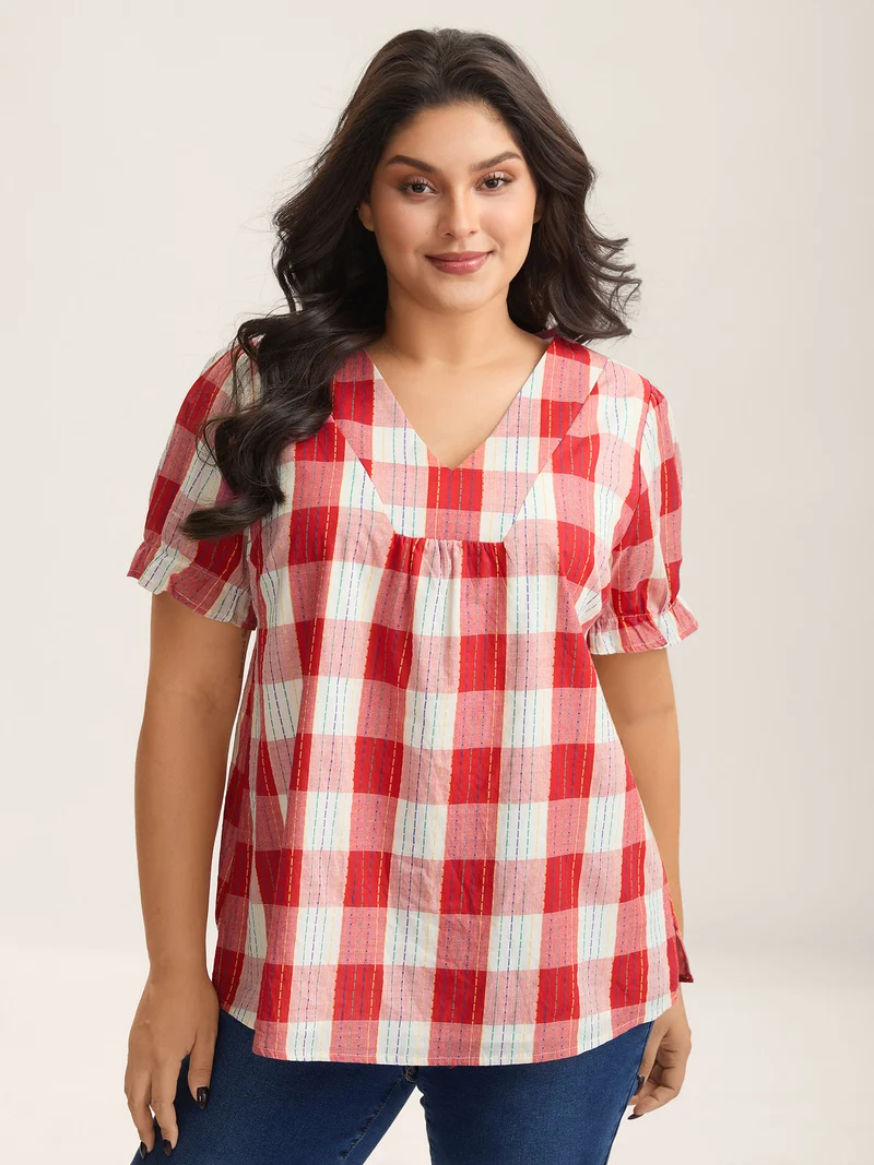 Cotton Plaid Print V-Neck Puffy Sleeve Blouse