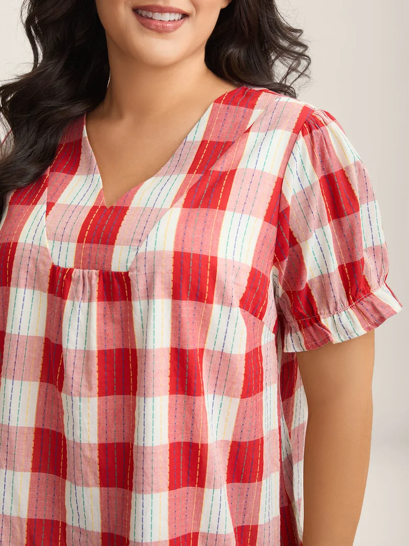 Cotton Plaid Print V-Neck Puffy Sleeve Blouse