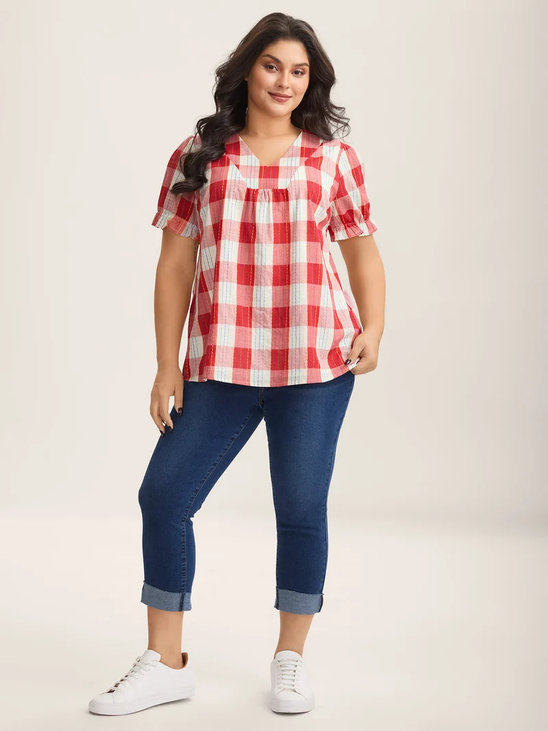 Cotton Plaid Print V-Neck Puffy Sleeve Blouse