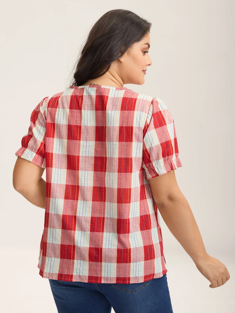 Cotton Plaid Print V-Neck Puffy Sleeve Blouse