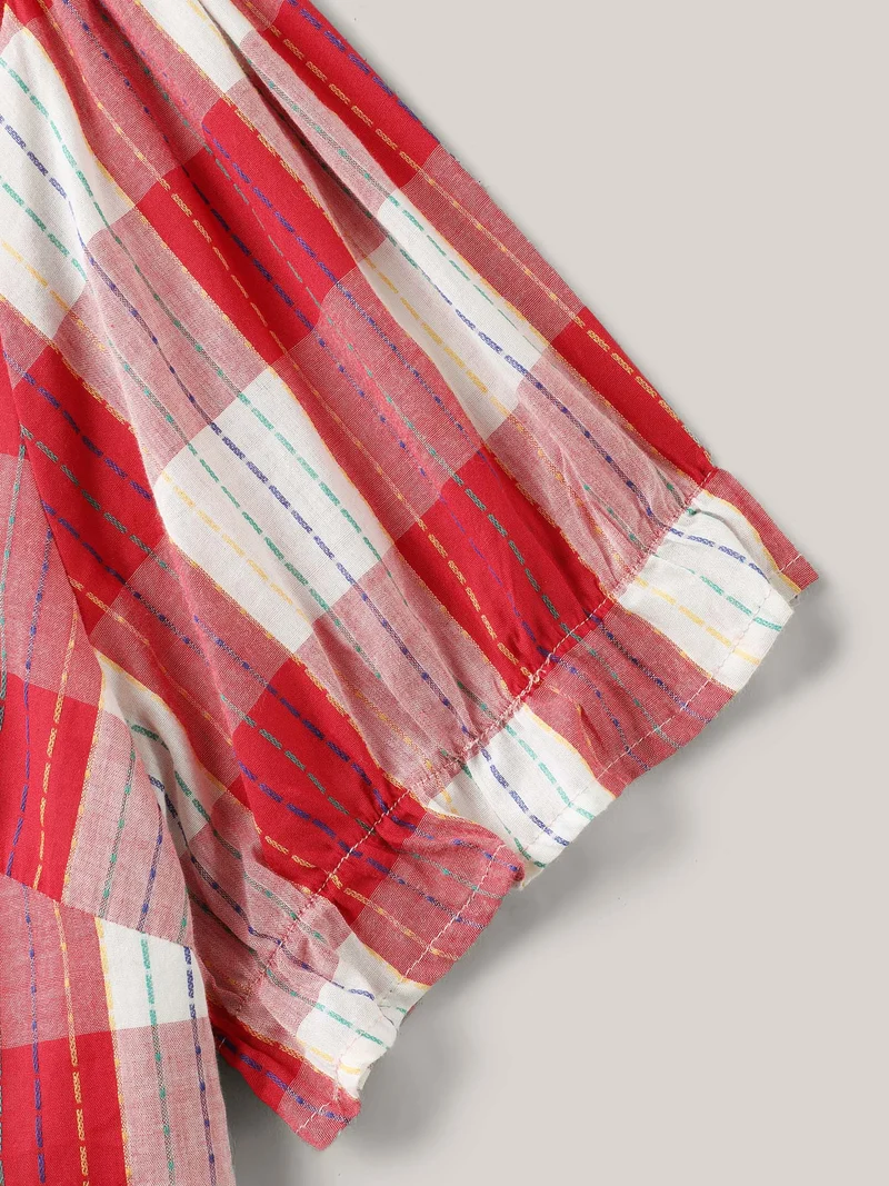 Cotton Plaid Print V-Neck Puffy Sleeve Blouse