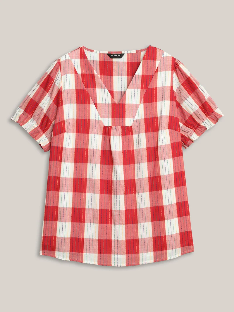 Cotton Plaid Print V-Neck Puffy Sleeve Blouse