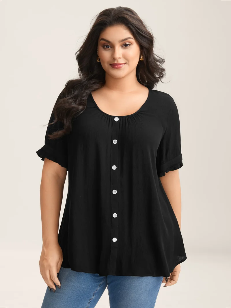 Textured Button Detail Pleated Solid Top