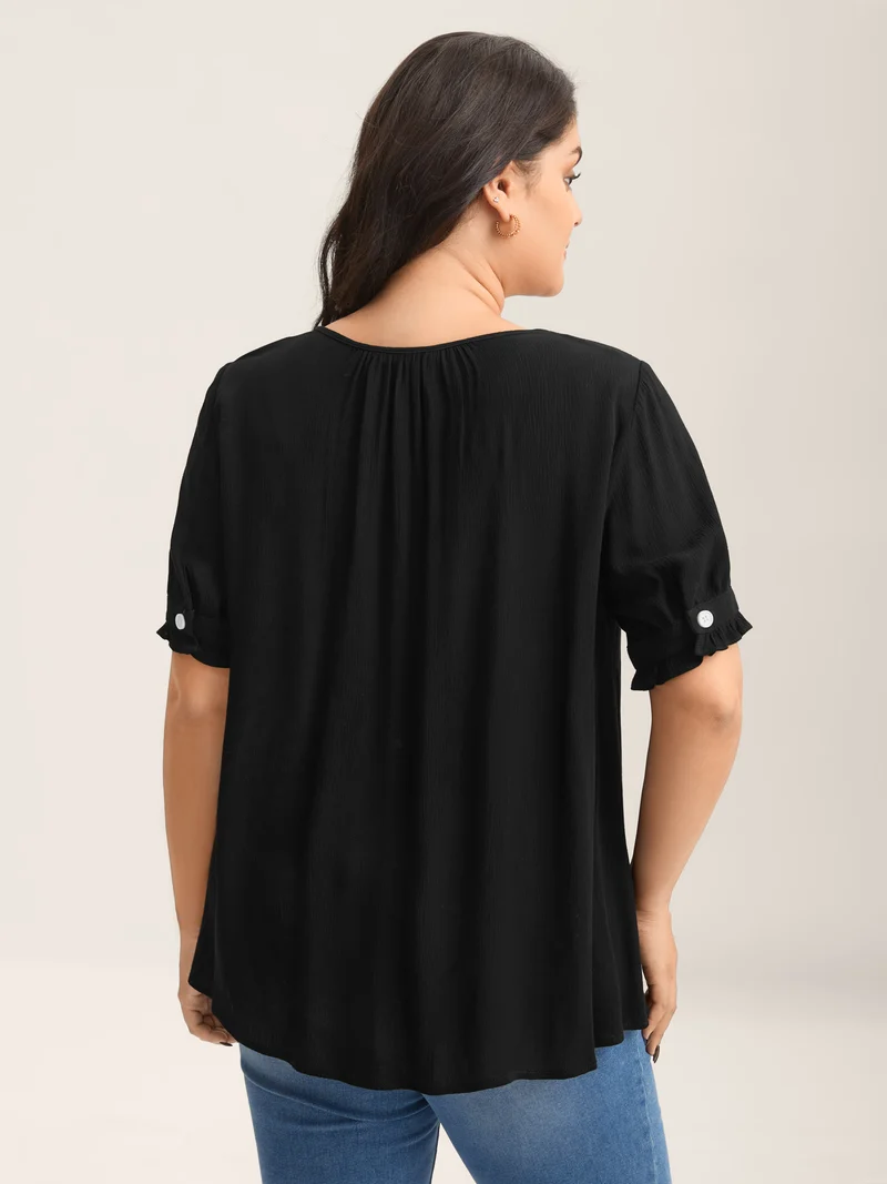 Textured Button Detail Pleated Solid Top