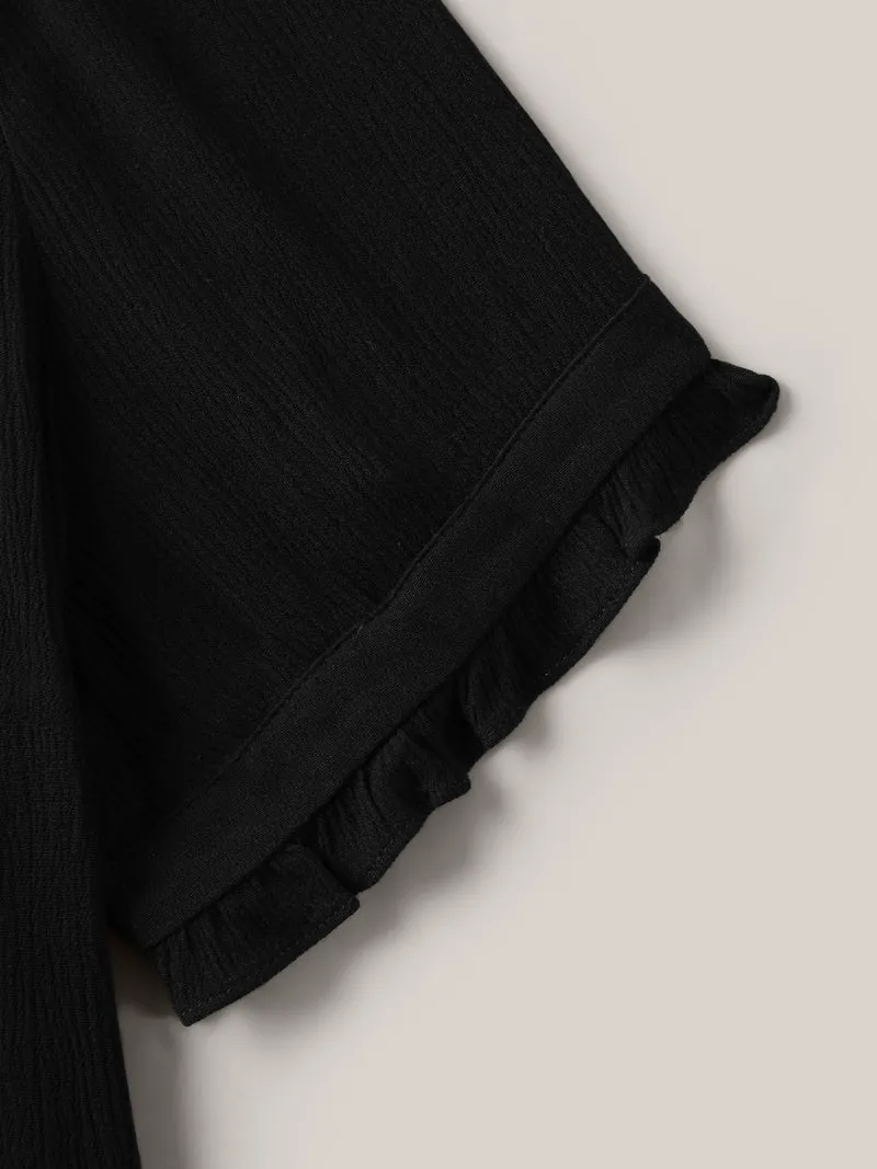 Textured Button Detail Pleated Solid Top