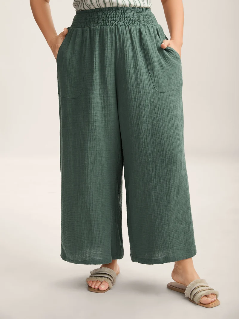 Cotton Shirred Textured Wide-Leg Pants
