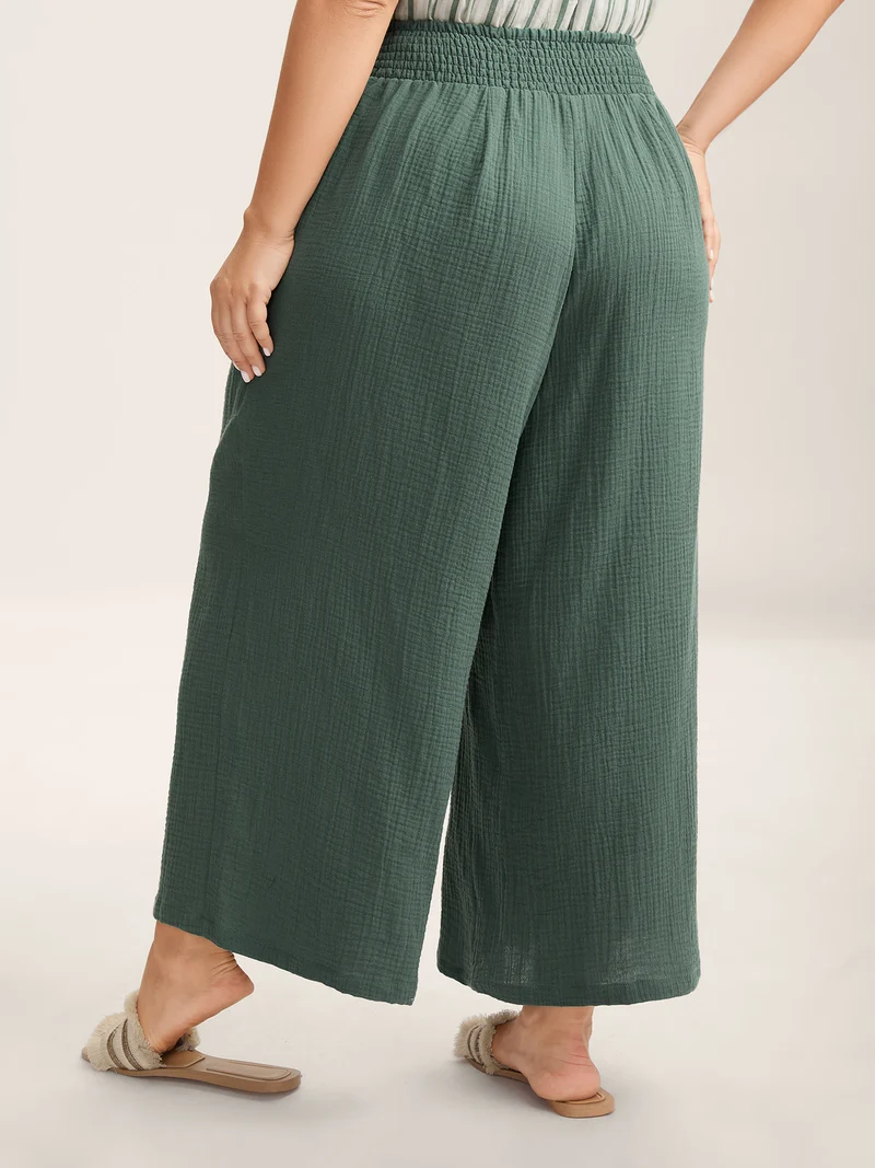 Cotton Shirred Textured Wide-Leg Pants
