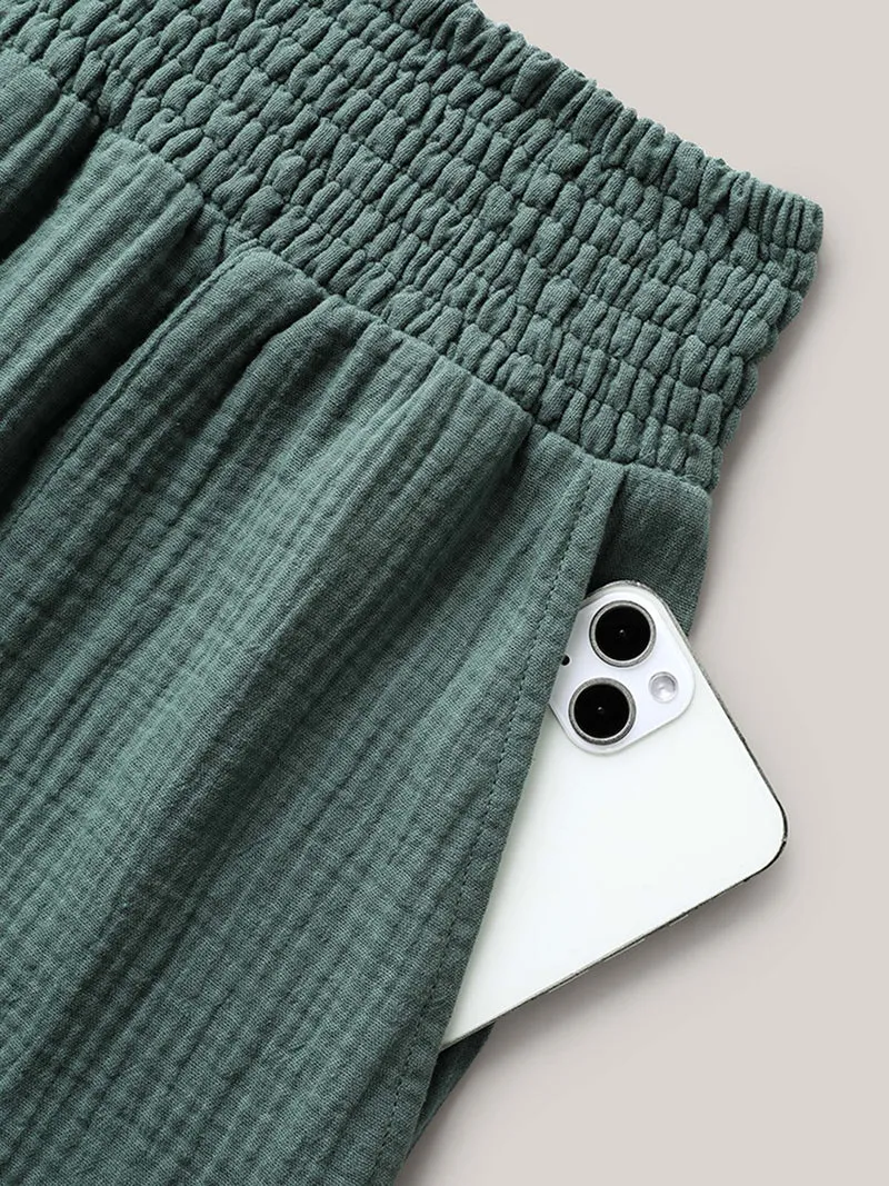 Cotton Shirred Textured Wide-Leg Pants