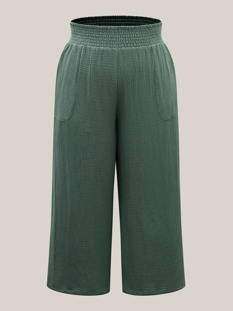 Cotton Shirred Textured Wide-Leg Pants