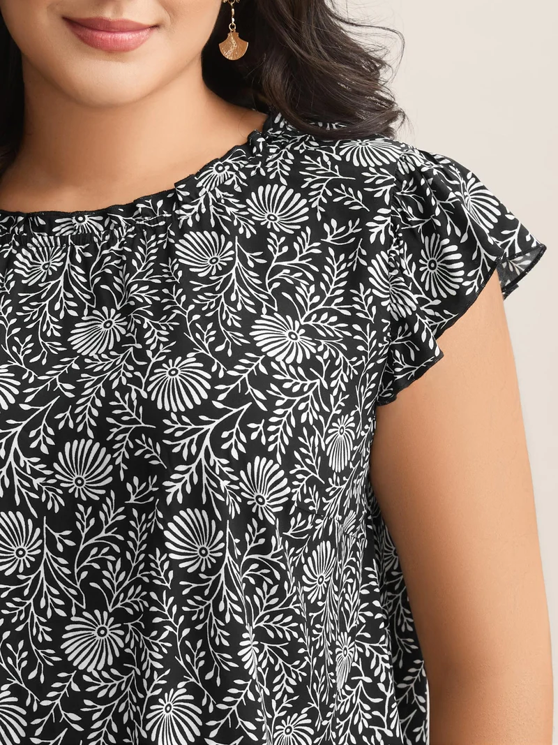 Floral Print Ruffled Neck Blouse