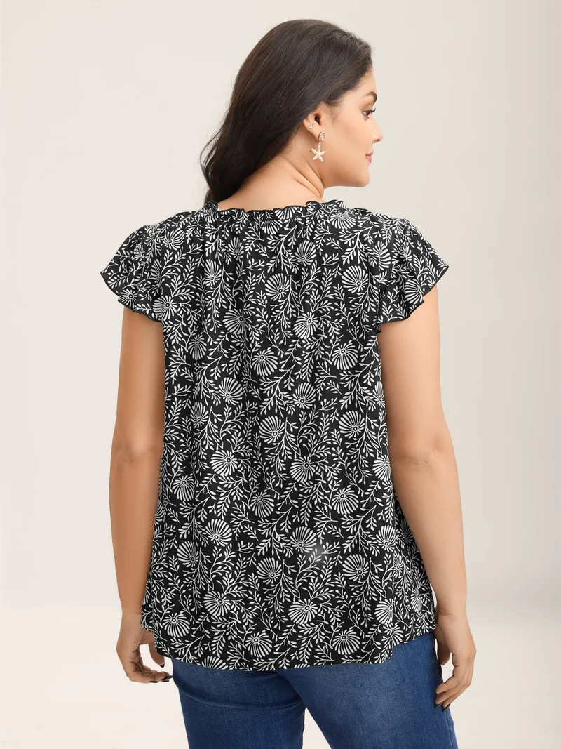 Floral Print Ruffled Neck Blouse