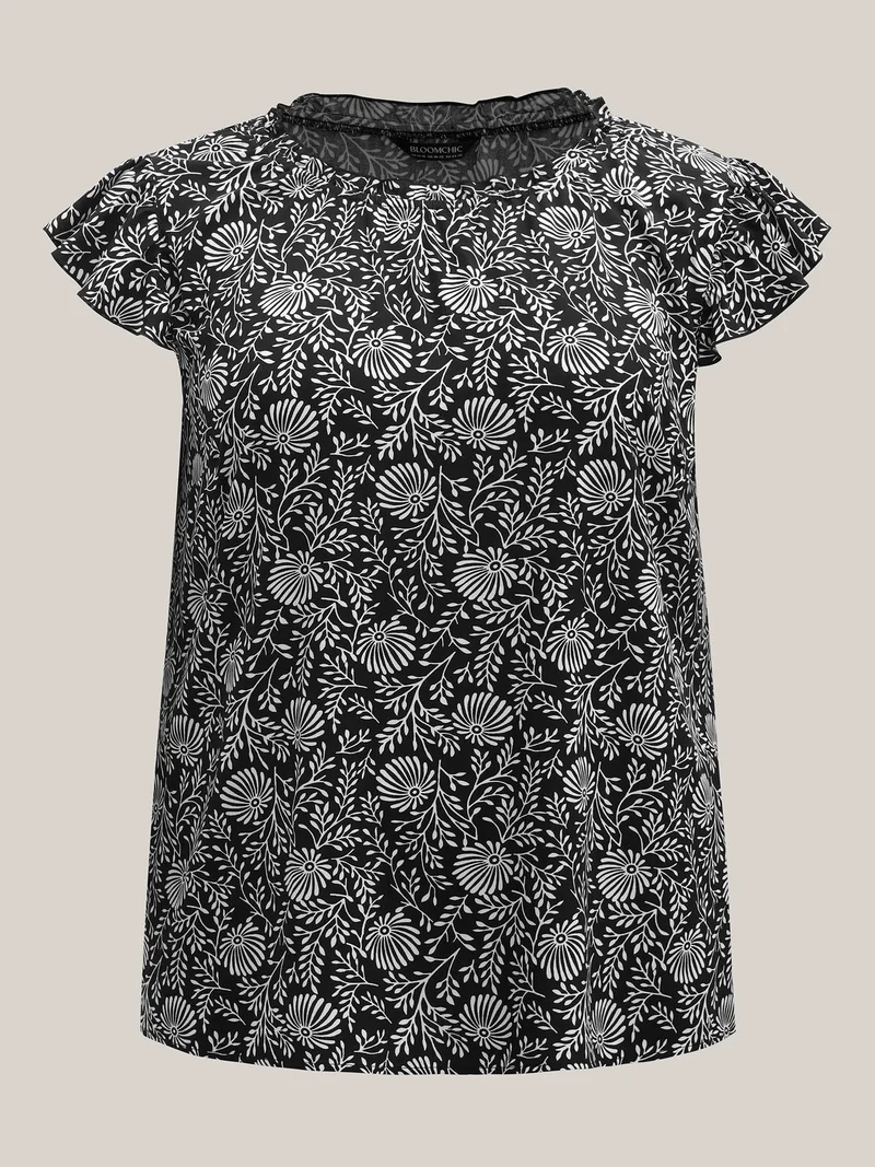 Floral Print Ruffled Neck Blouse