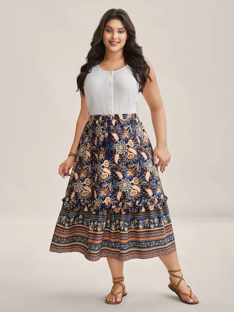 Boho Print Tiered A-Line Maxi Skirt
