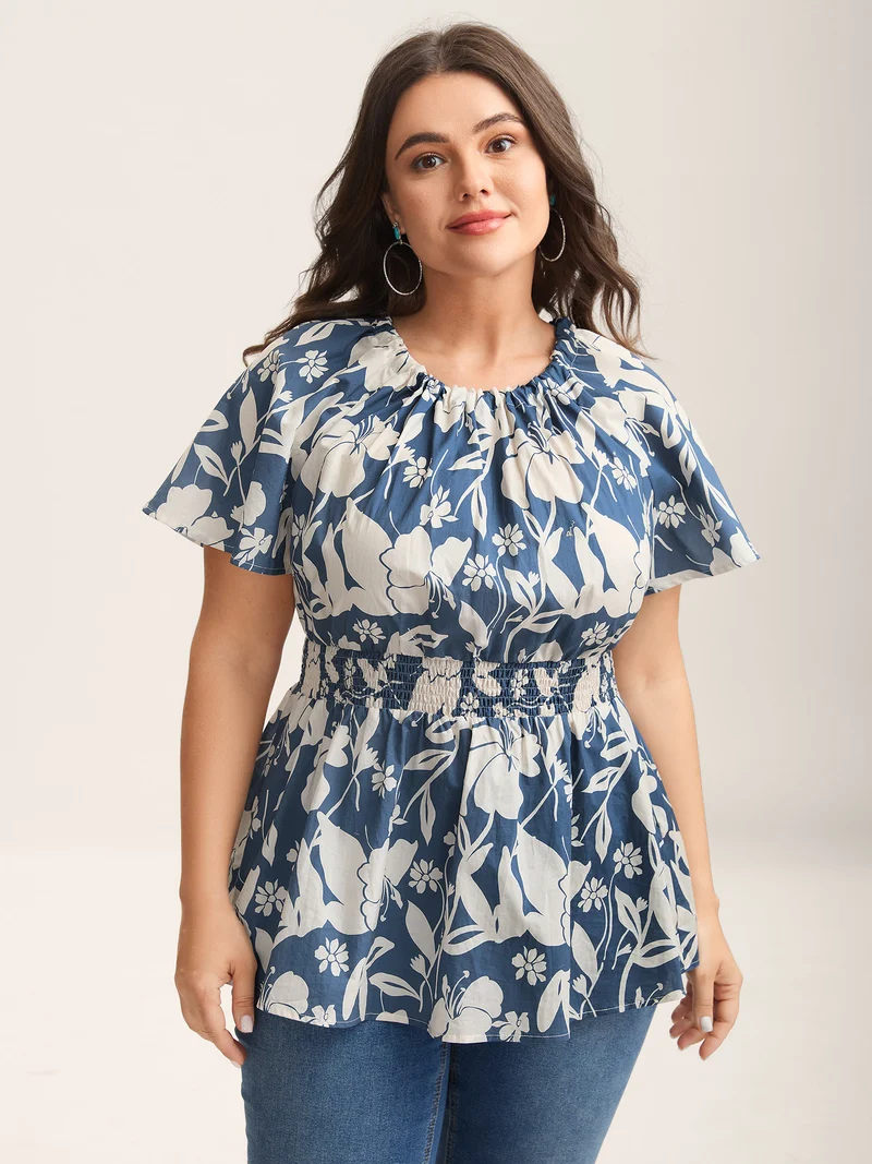 Cotton Silhouette Floral Print Shirred Waist Blouse
