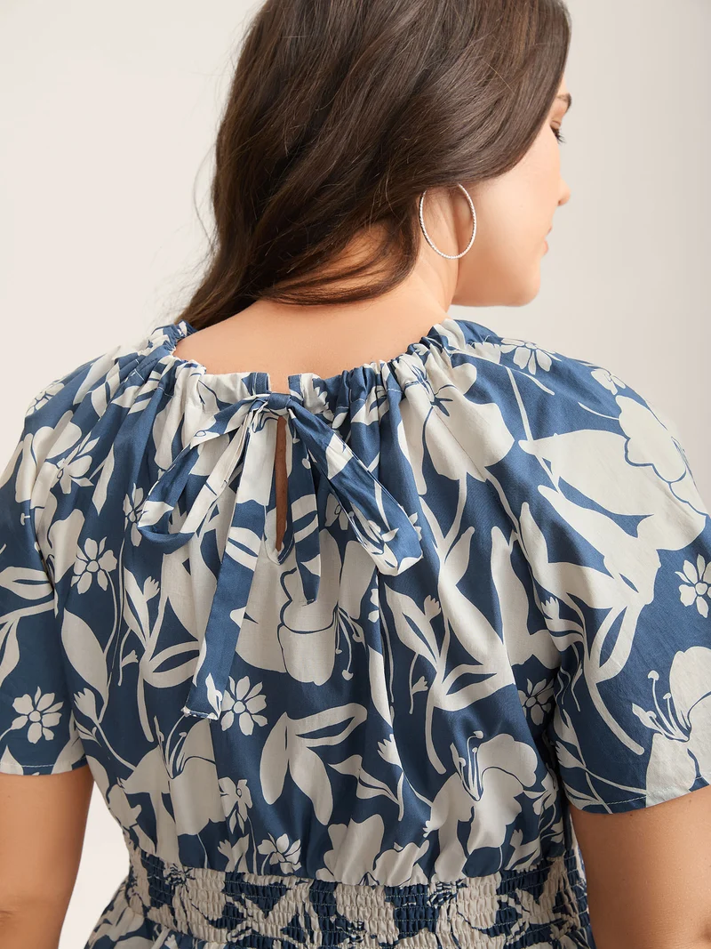 Cotton Silhouette Floral Print Shirred Waist Blouse