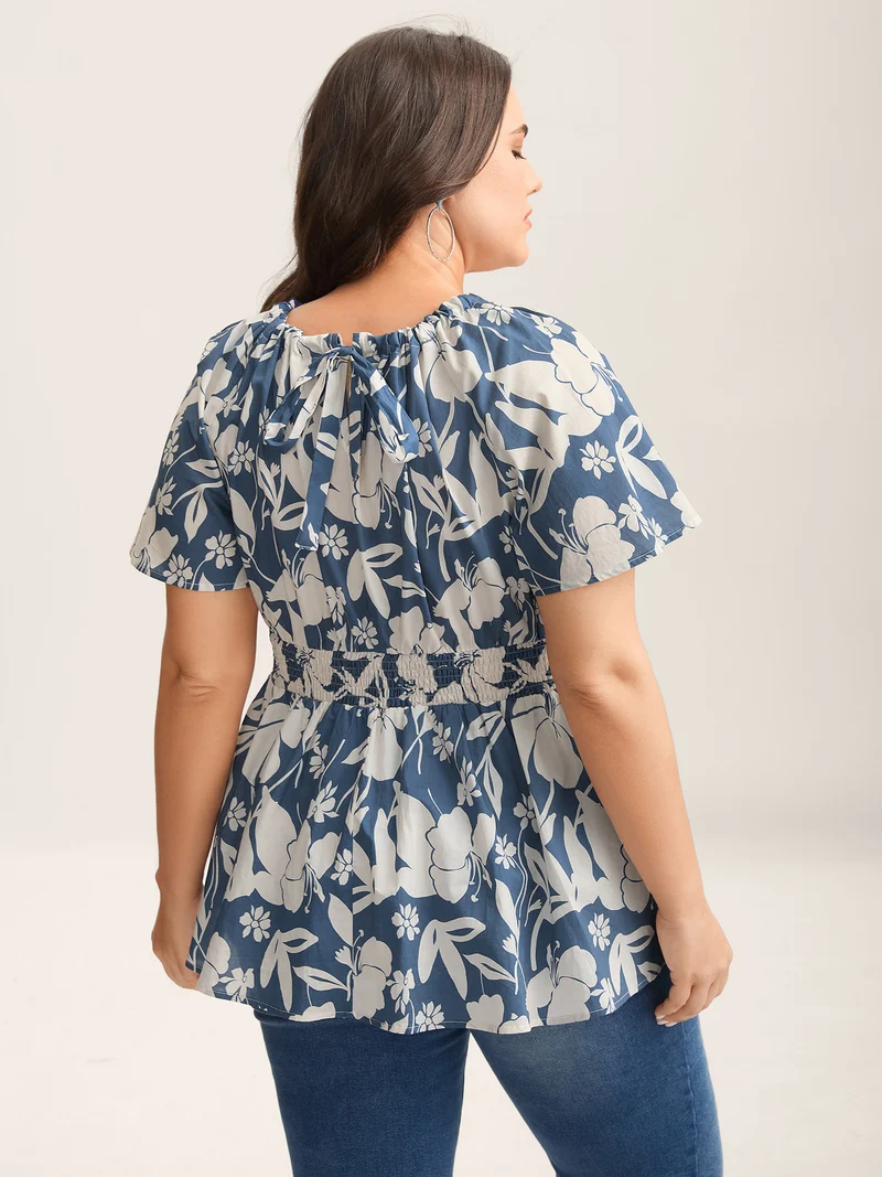 Cotton Silhouette Floral Print Shirred Waist Blouse