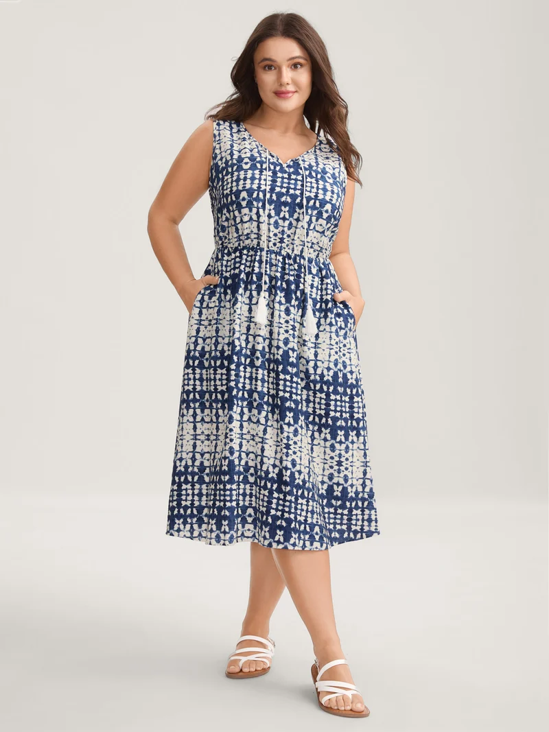 Tie-Dye Print Neck Tie Midi Dress