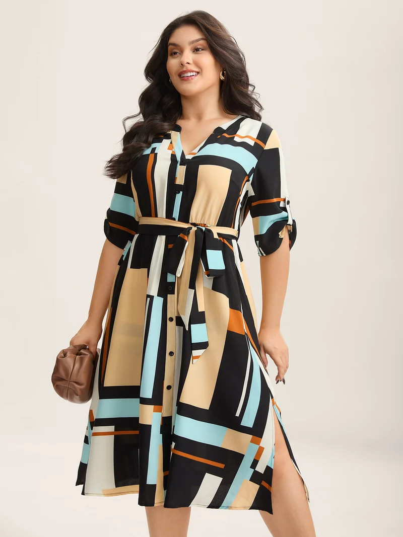 Geometric Print Stretchy Waist Belted Midi Dress