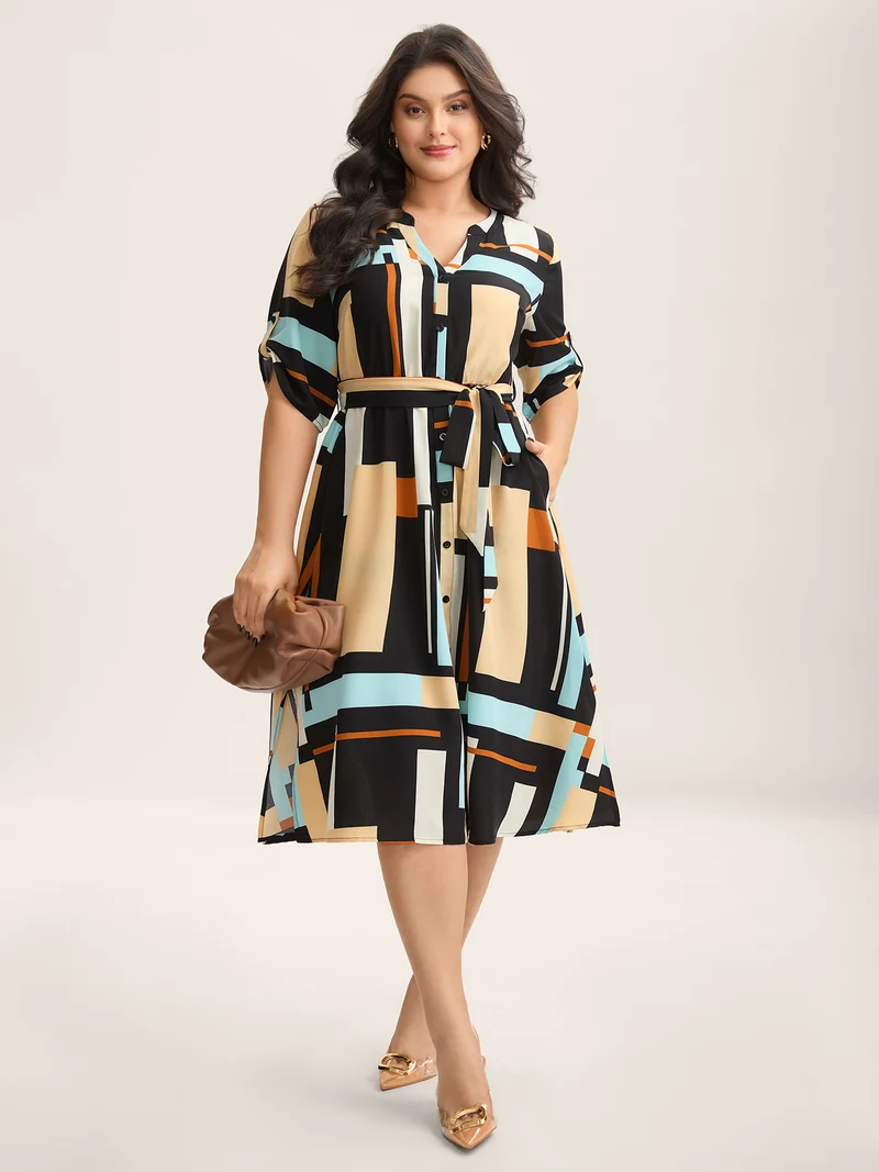 Geometric Print Stretchy Waist Belted Midi Dress