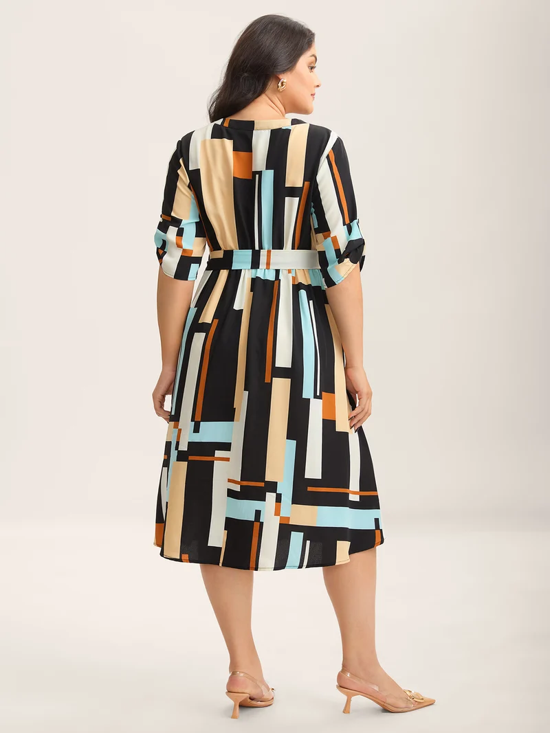 Geometric Print Stretchy Waist Belted Midi Dress